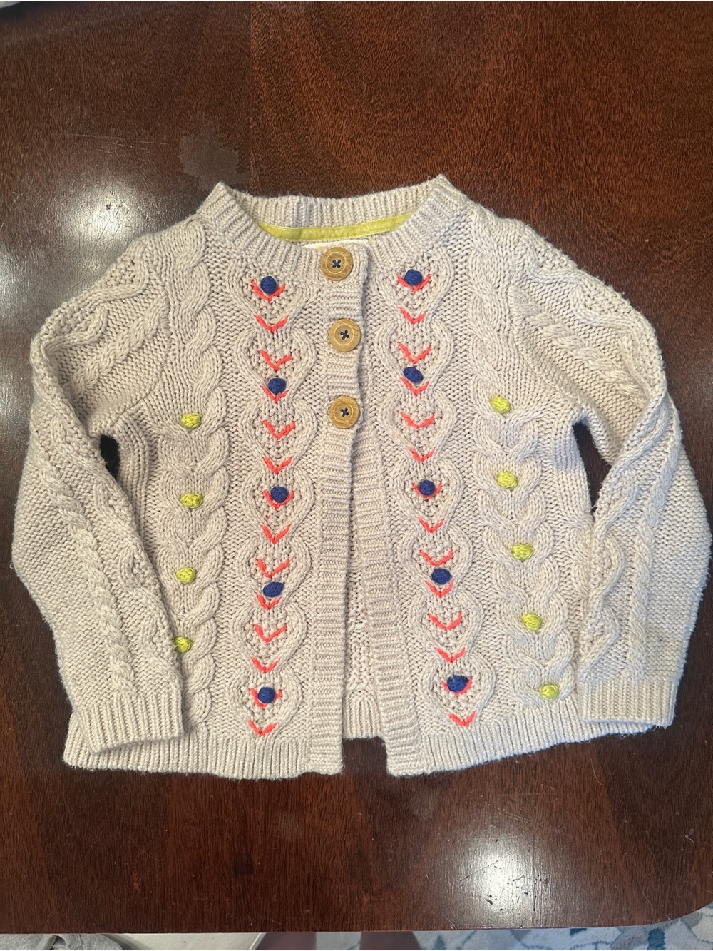 Mini Boden Cream Cable Knit Cardigan with Navy and Coral Accents - size 5-6 year